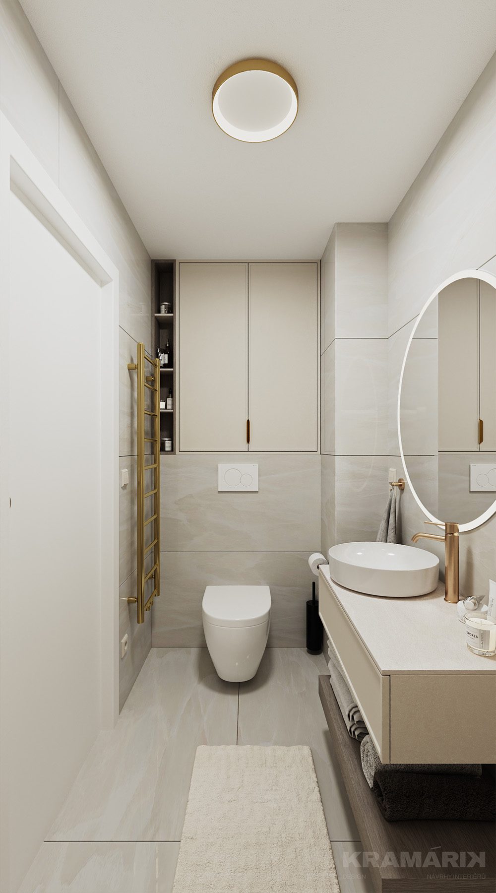 Závěsné WC a žebříkový radiátor v odstínu rose gold