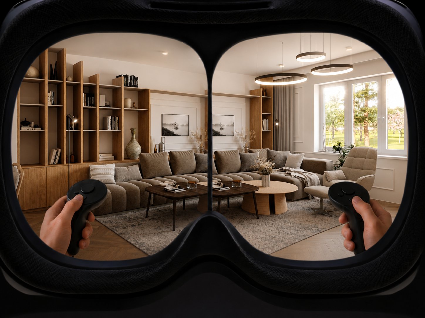 Pohled do navrženého obývacího pokoje přes 3D brýle, v rukou ovladače