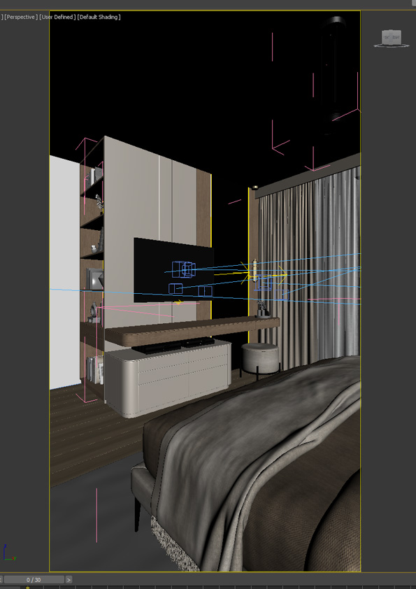 Rozpracovaný 3D model ložnice v programu pro vizualizace